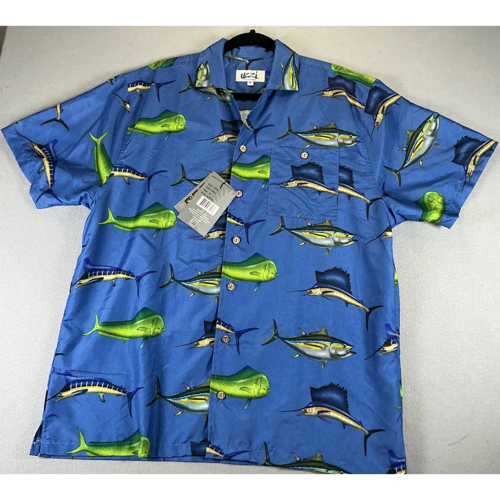 Uzzi Amphibious Gear Mens Fishing Shirt M Blue Fish Print Button Up Short Sleeve